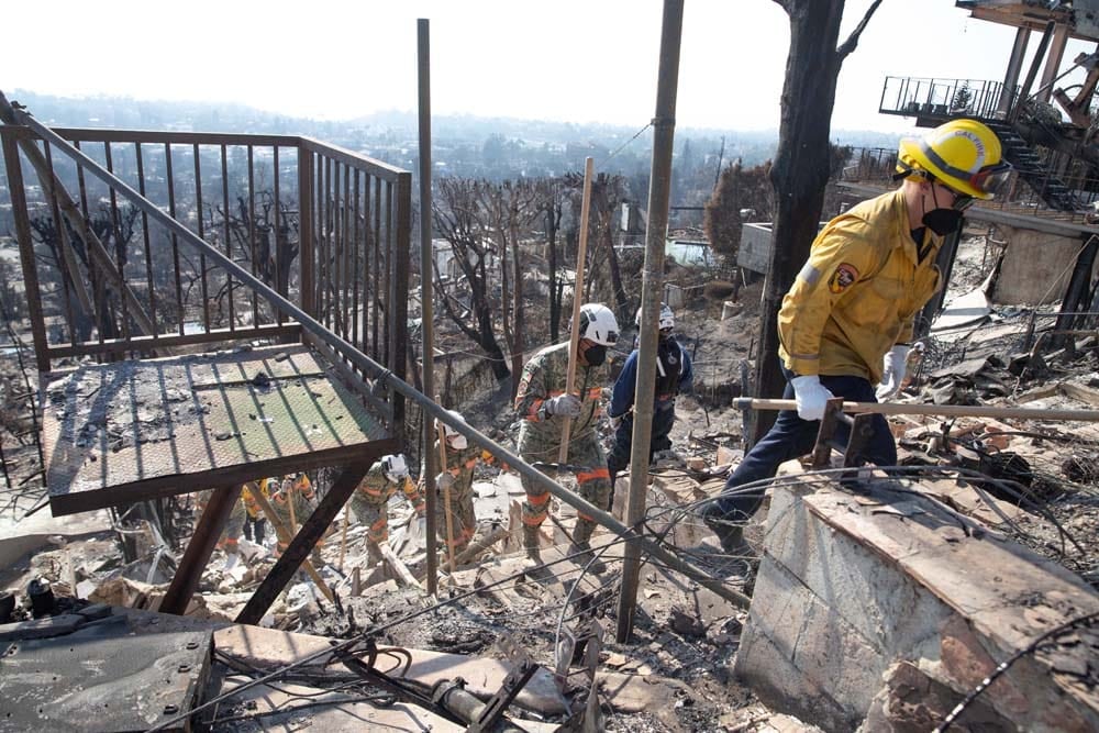 Fema firefighters at the palisades fire in california.
