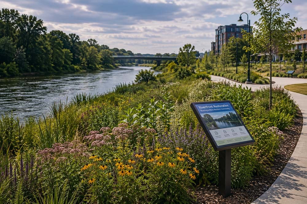 Walking path next to wildflowers and headed into the city.