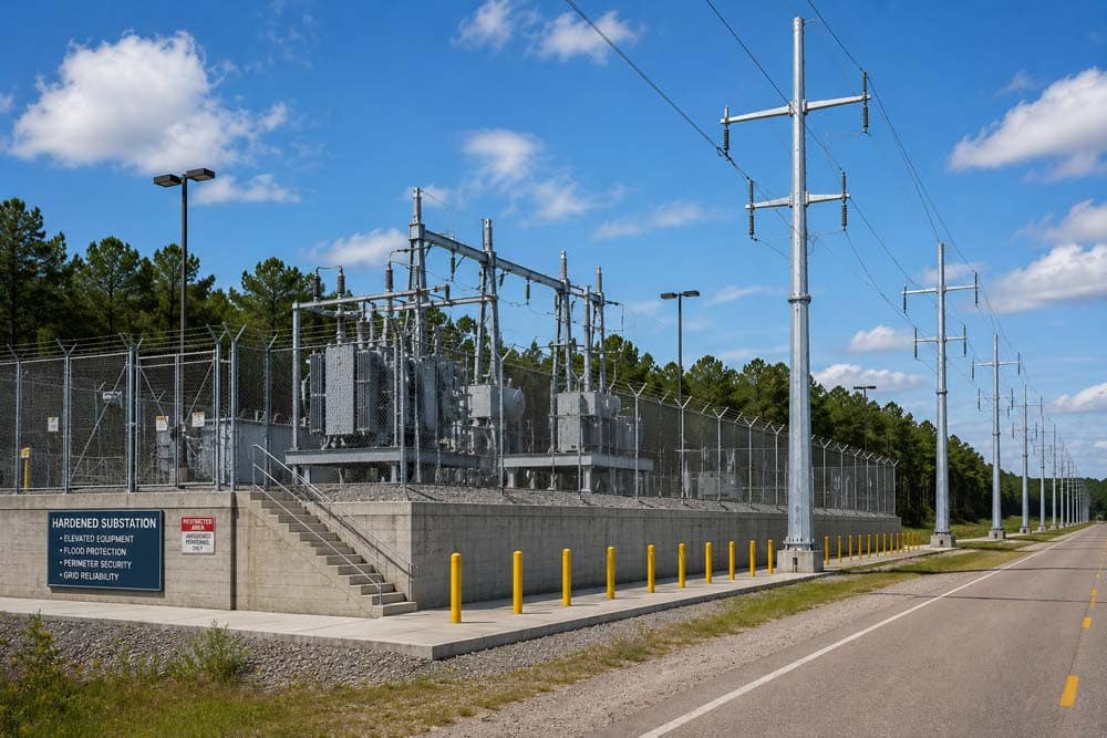 Utility power lines along a roadside.