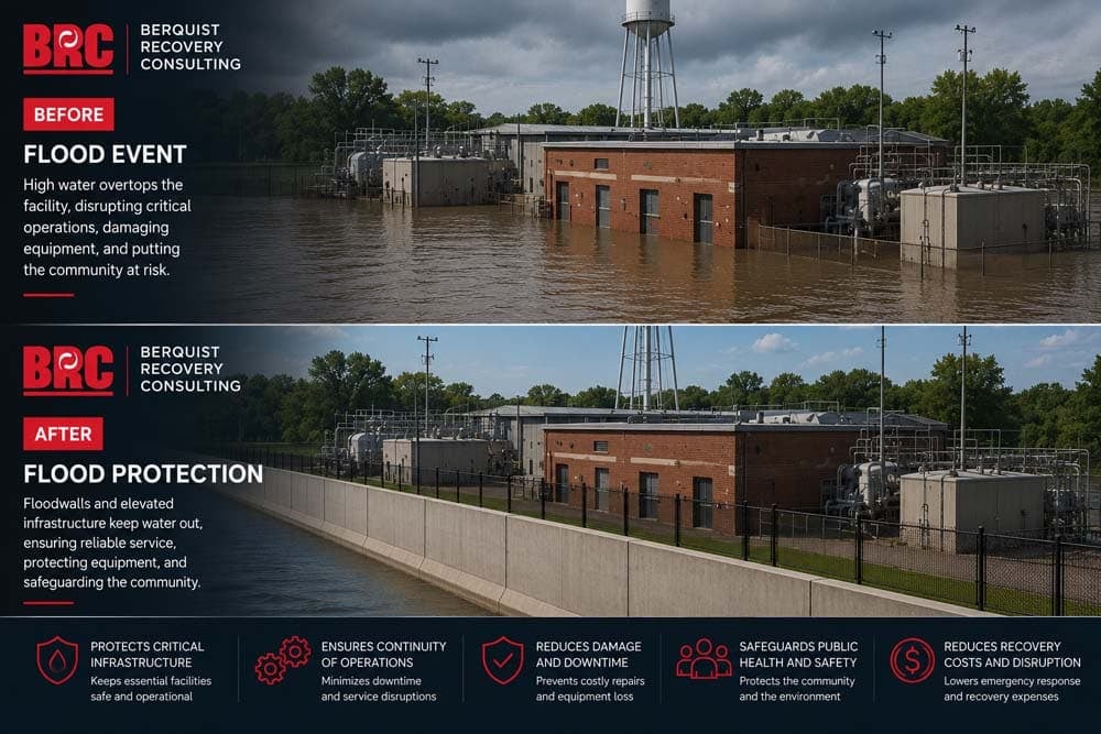 Before and after results of a flood event and flood protection.