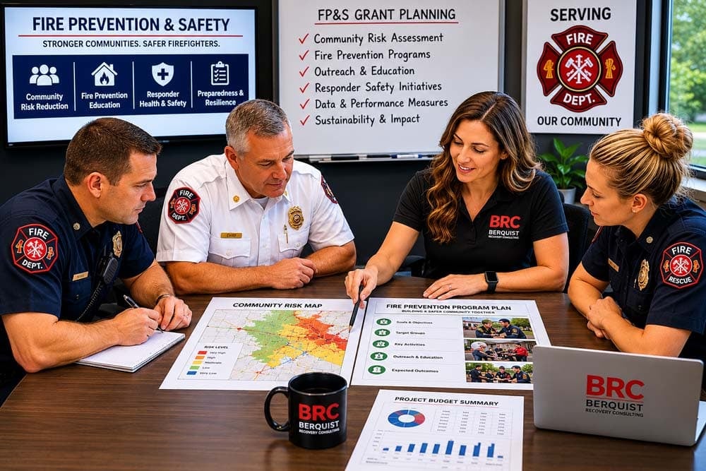 Fp&s grants consulting fire prevention planning meeting with public safety team reviewing outreach and safety program strategies.