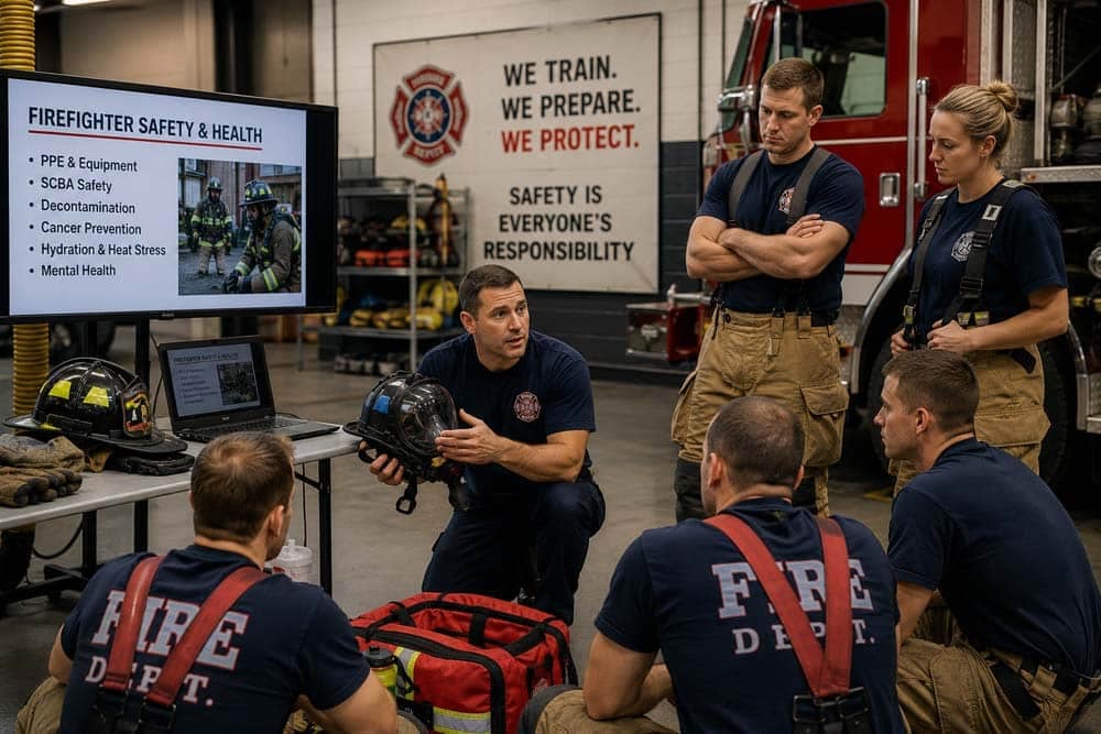 Fp&s grants consulting firefighter safety training program with responders practicing emergency response techniques.