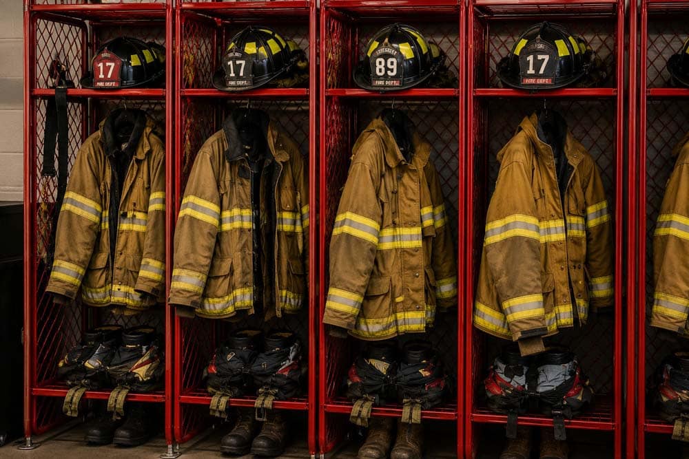Safer grant consulting fire station lockers with firefighter gear and protective equipment ready for deployment.