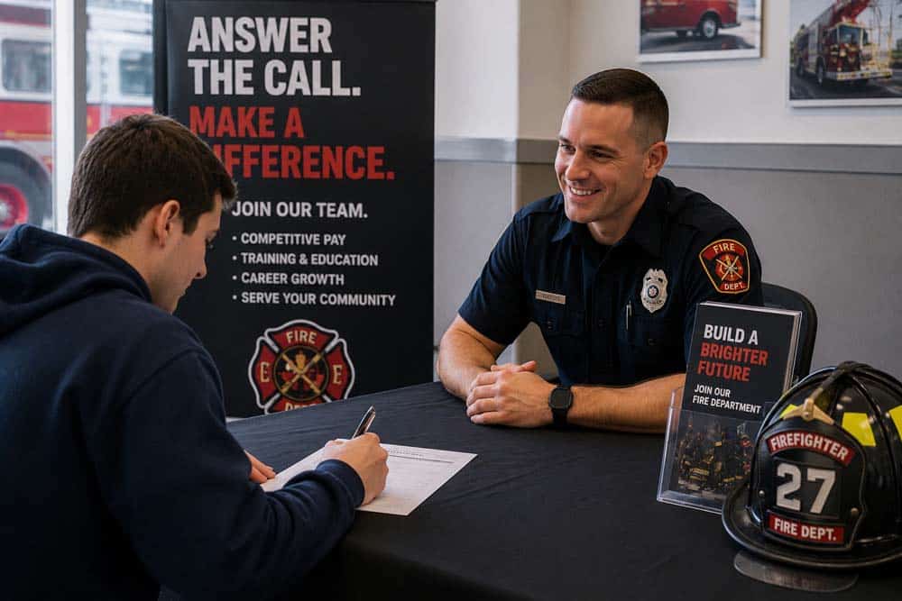 Safer grant consulting firefighter recruitment signup sheet encouraging community volunteer participation.