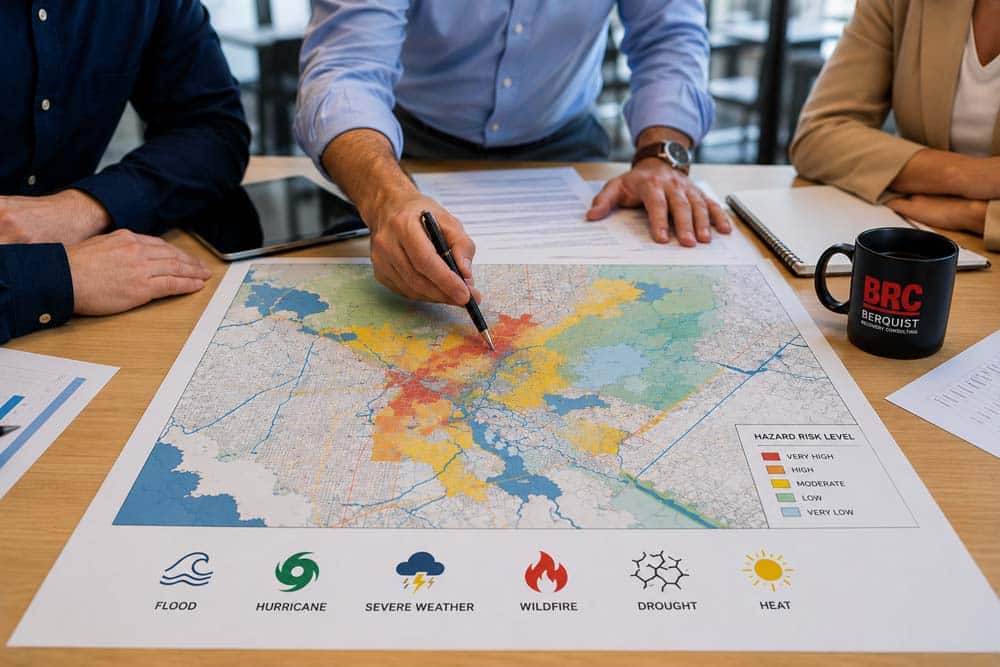 Hazard mitigation planning with workers editing a map on a wooden desk.