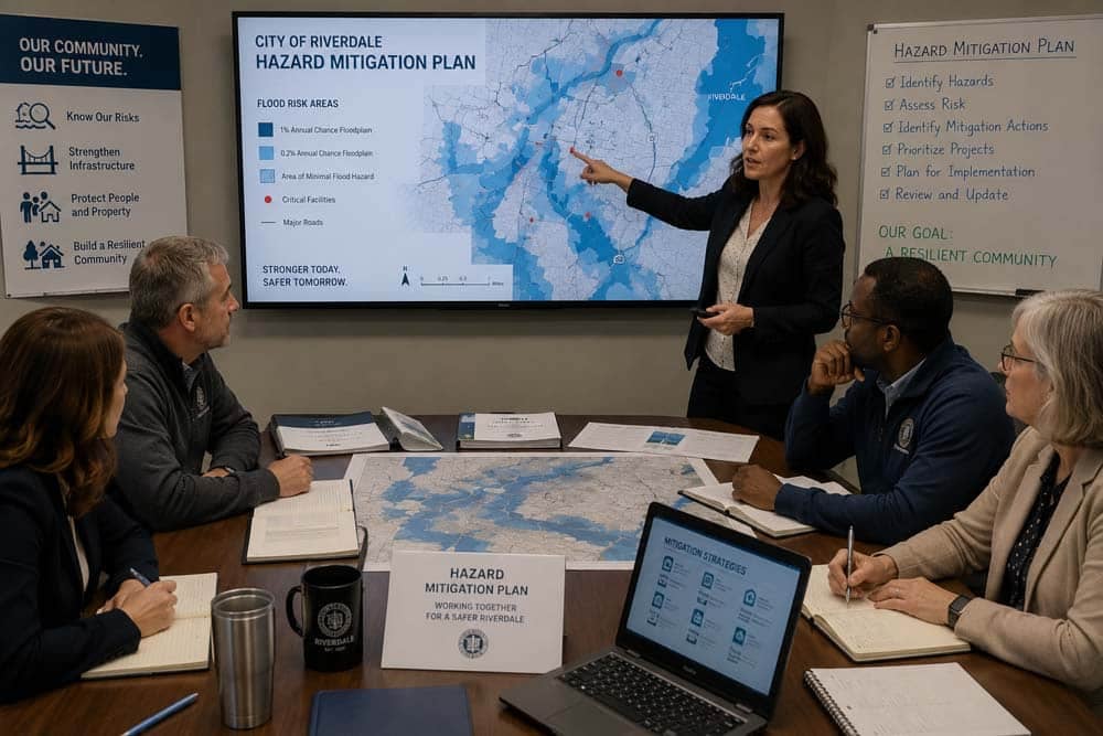 Bric grant program hazard mitigation planning meeting focused on identifying risks, developing projects, and improving community resilience.